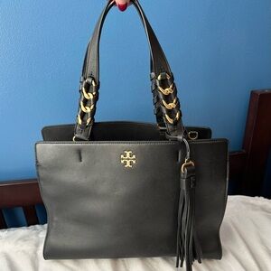 Tory Burch Brooke Leather Satchel Tote Black Shoulder Bag Handbag Purse Gold